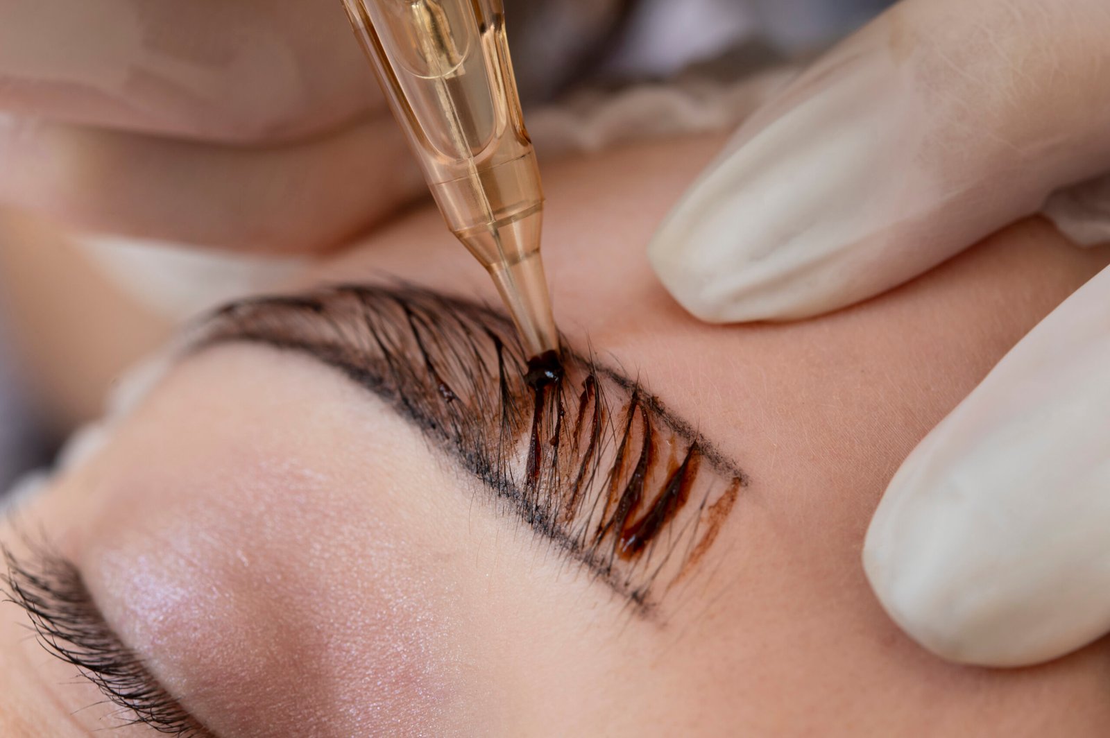 Maquillage permanent des sourcils à Toulon en cours de réalisation chez Kanea Tattoo & Beauty