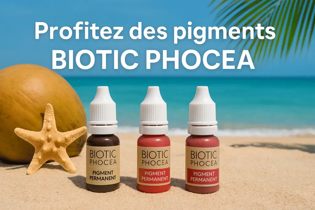 Flacons de pigments Biotic Phocéa posés sur une plage ensoleillée, avec un coquillage et un fond marin.