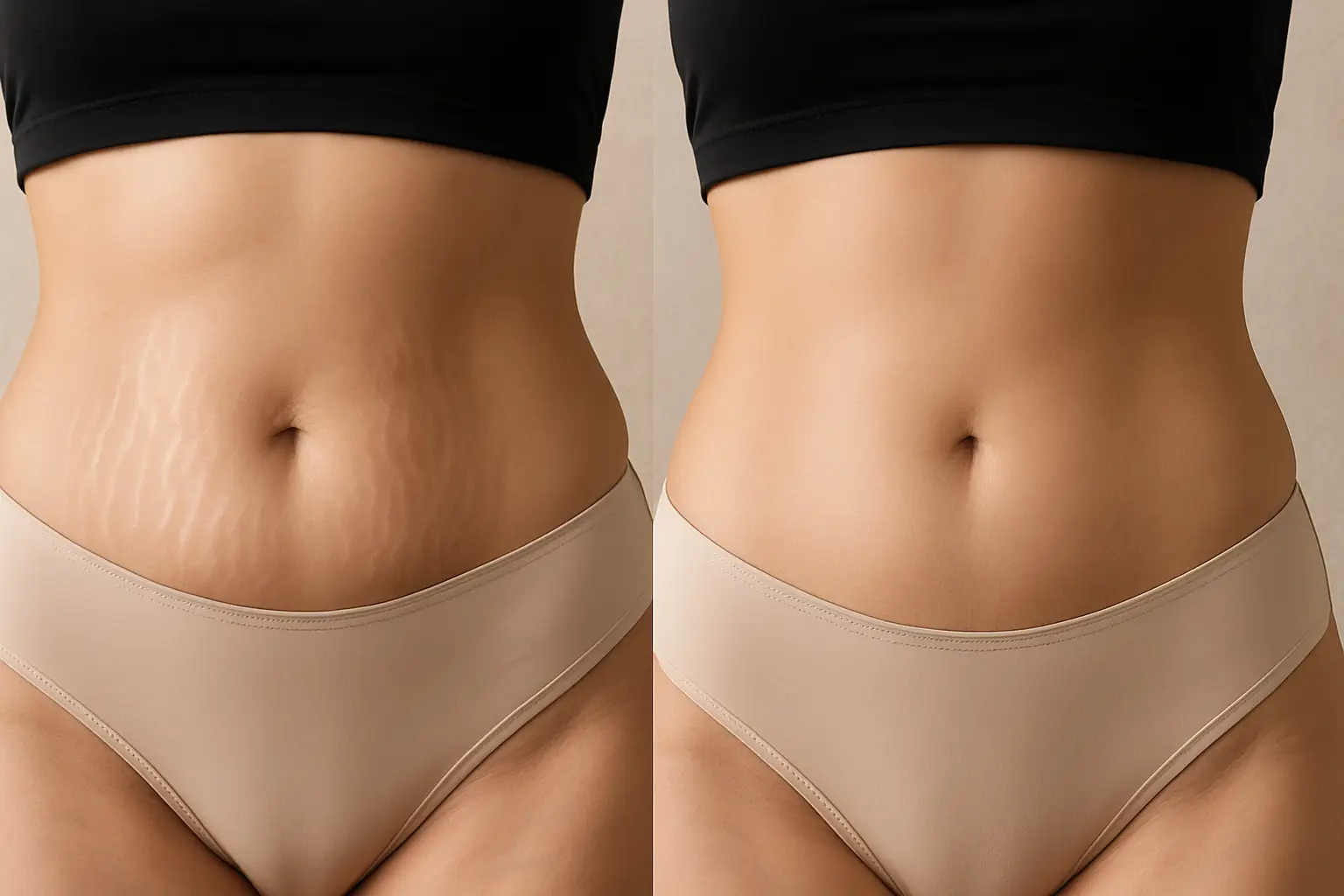 Résultat avant et après traitement des vergetures par plasma russe réalisé à Toulon chez Kanea Tattoo & Beauty