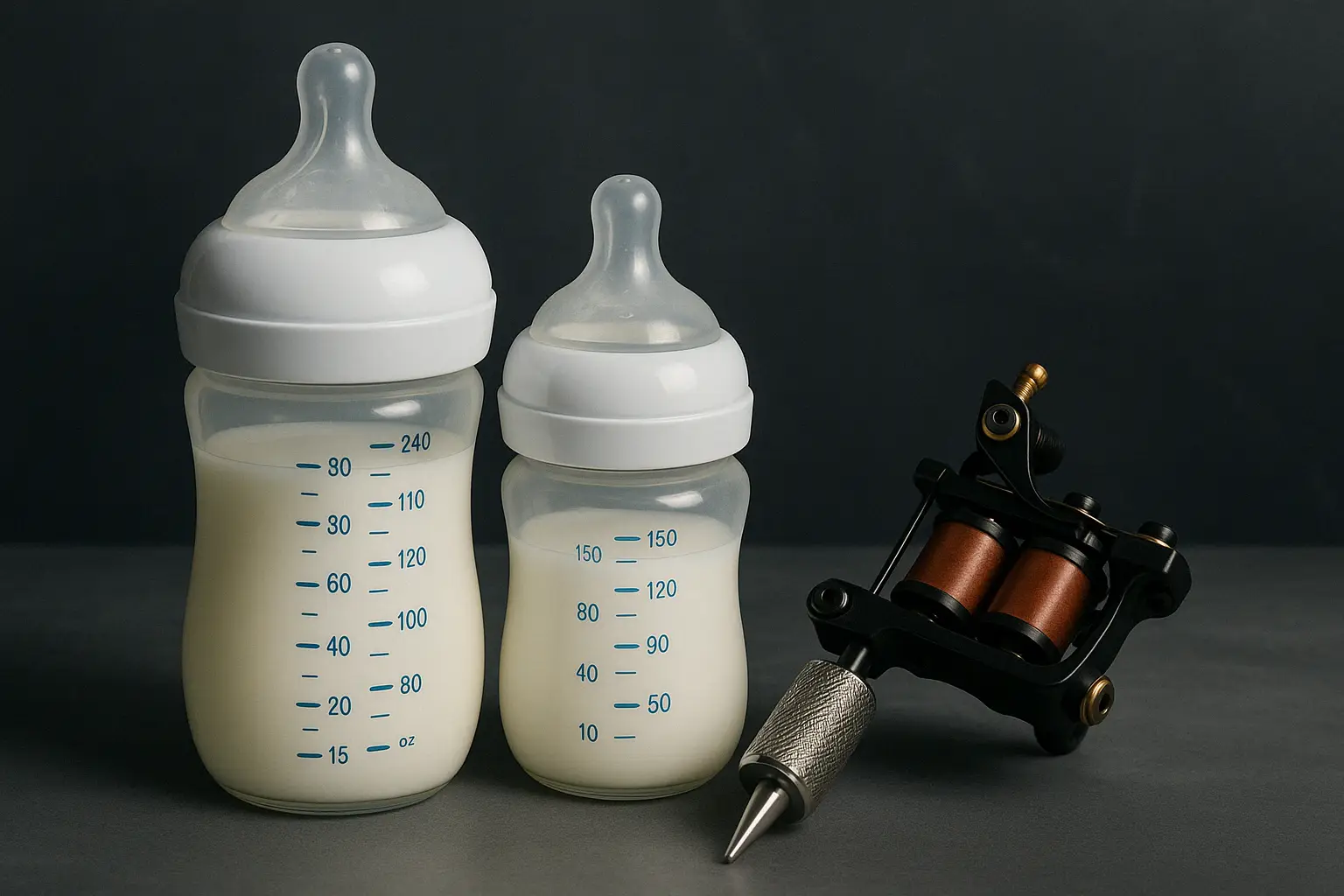 Tatouage et allaitement à Toulon : illustration symbolique avec biberons et machine à tatouer – Kanea Tattoo & Beauty