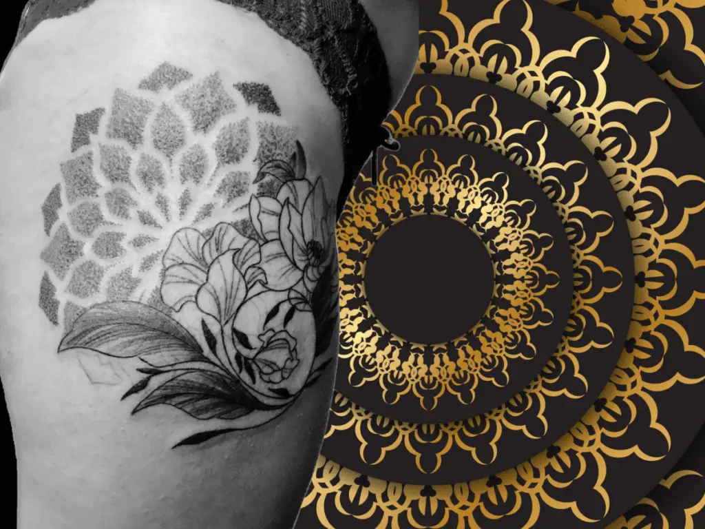 Tatouage floral et mandala en dotwork sur la cuisse, réalisé à Kanea Tattoo & Beauty à Toulon