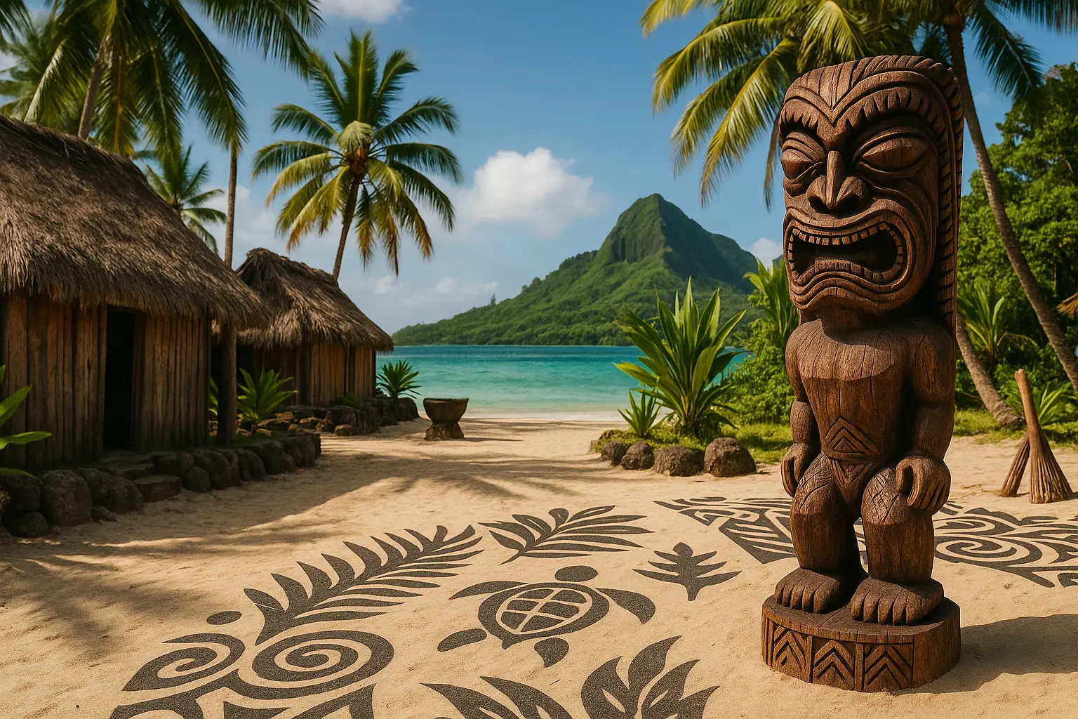 Scène réaliste d’un village polynésien avec un tiki en bois et des motifs de tatouage polynésien Toulon dessinés dans le sable