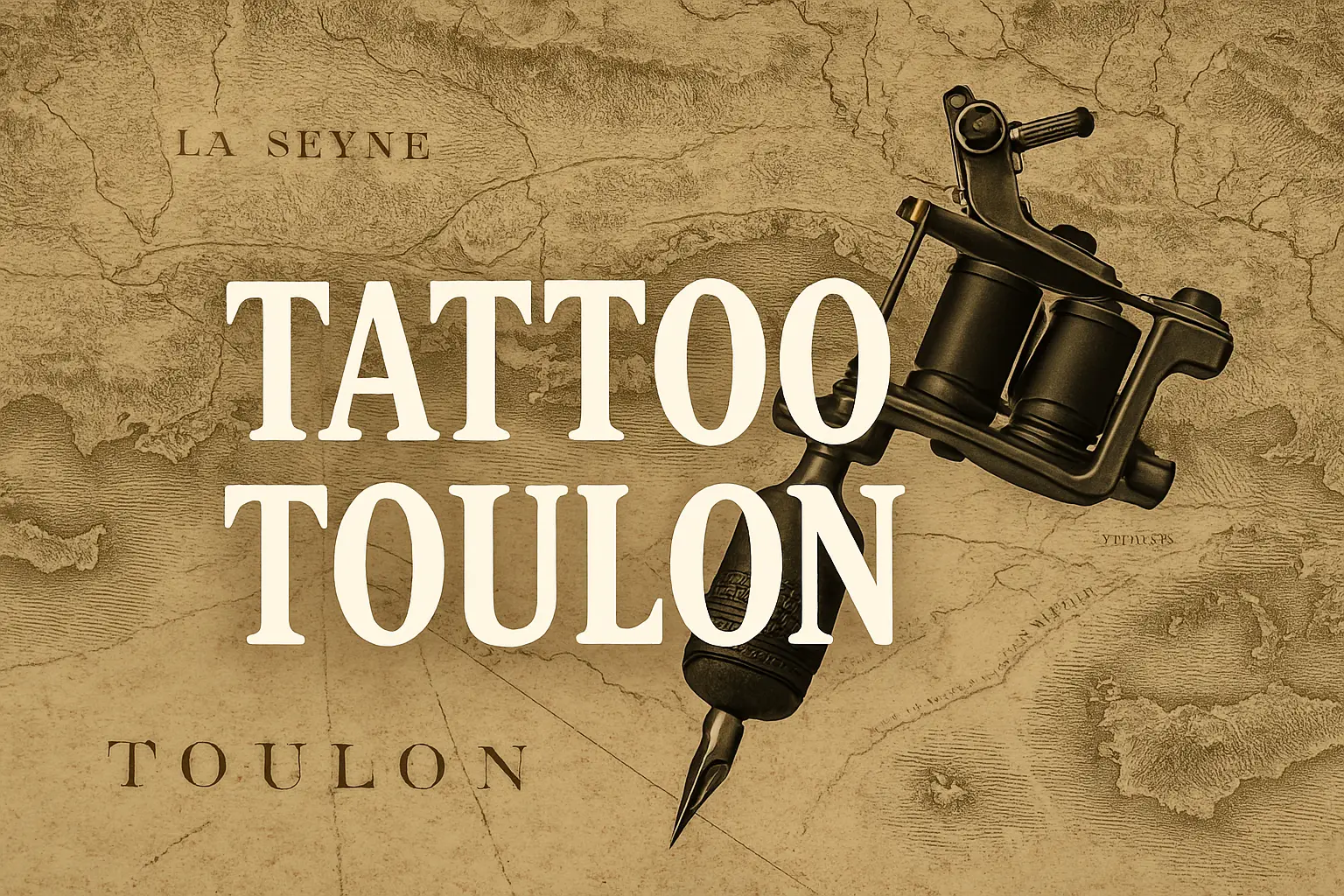 Machine à tatouer posée sur une carte ancienne de Toulon, illustrant l’art du tatouage dans la ville