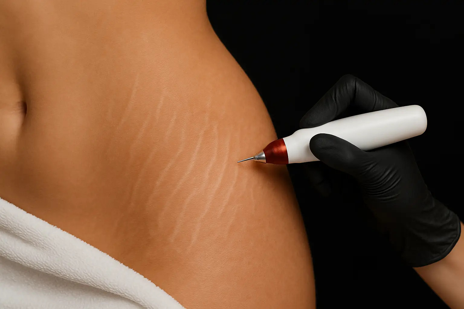 Cette image publicitaire montre un plan rapproché d’un traitement des vergetures sur la peau à l’aide d’un appareil esthétique. L’ambiance professionnelle et la lumière douce renforcent le caractère rassurant et efficace du soin proposé dans notre institut à Toulon.