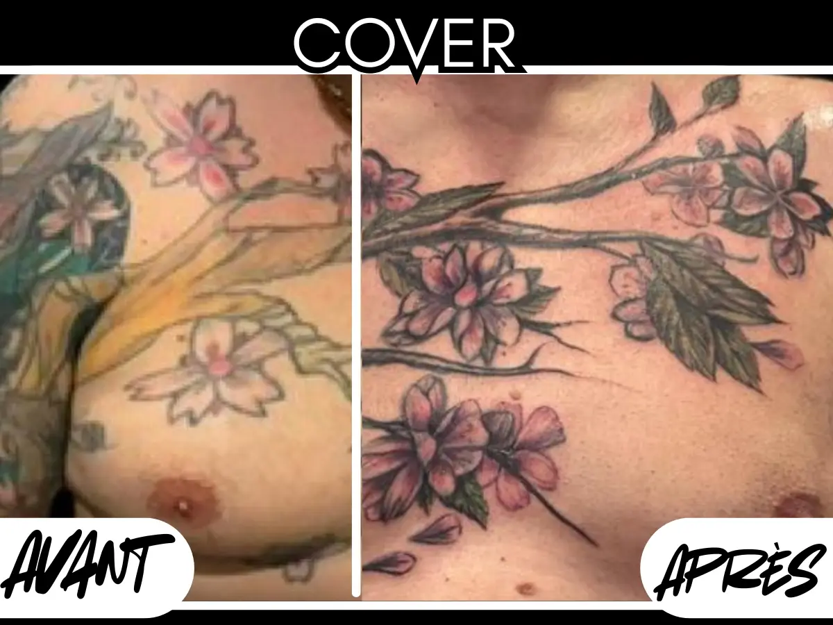 Comparatif avant après d’un tatouage de recouvrement floral réalisé sur le torse chez Kanea Tattoo à Toulon