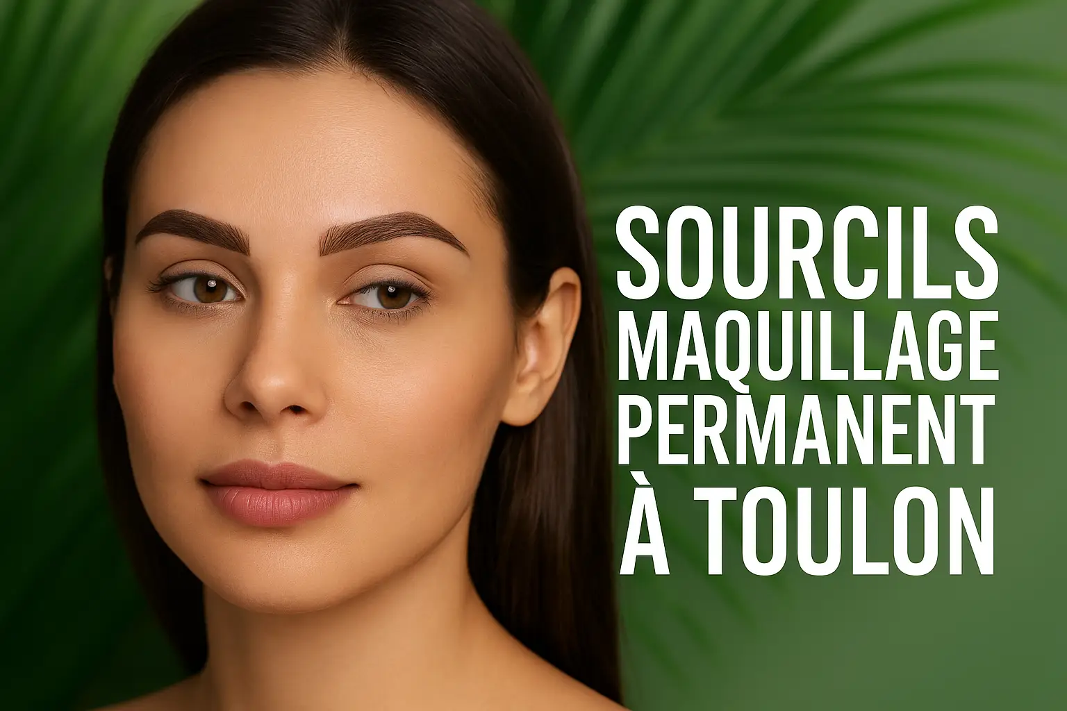 Jeune femme avec des sourcils parfaitement redessinés en maquillage permanent à Toulon, sur fond vert naturel