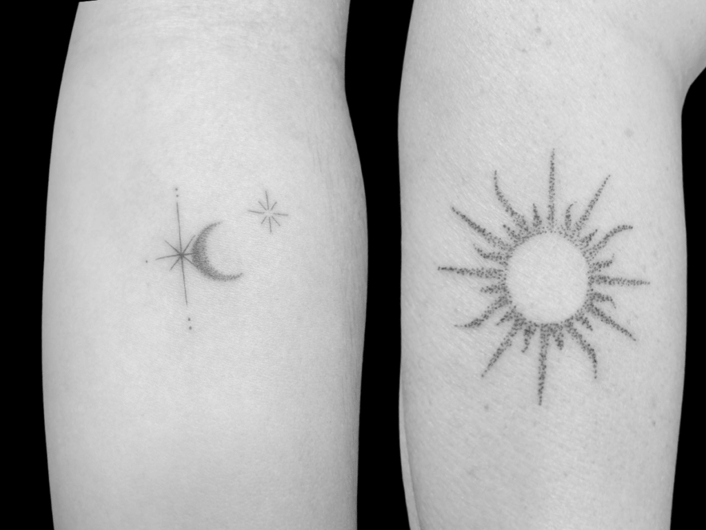 Tatouages en dotwork représentant un soleil et une lune réalisés sur les avant-bras à Toulon