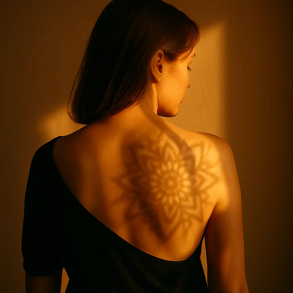 Ombre d’un tatouage mandala projetée sur le dos d’une femme à ToulonB