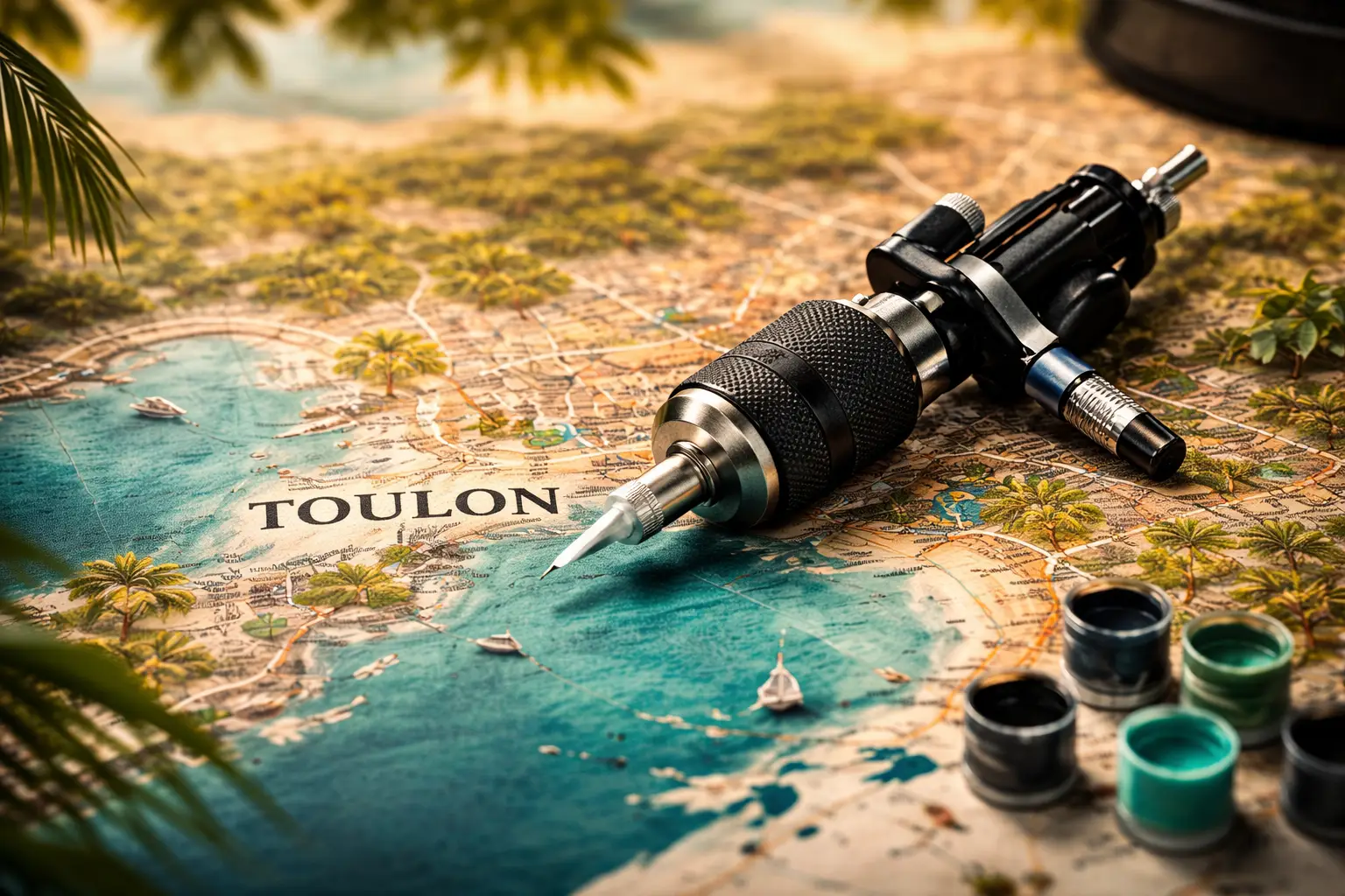 Machine à tatouer posée sur une carte de Toulon, illustration artistique d’un salon de tatouage professionnel à Toulon dans le Var