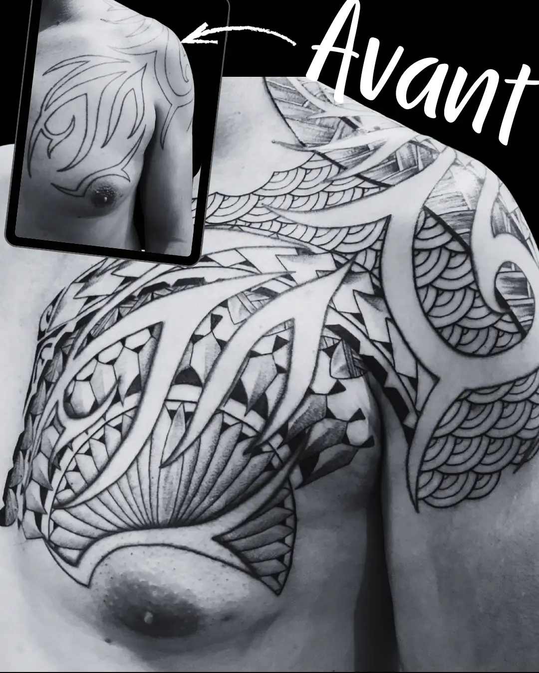 Recouvrement de tatouage polynésien, avant après, Toulon