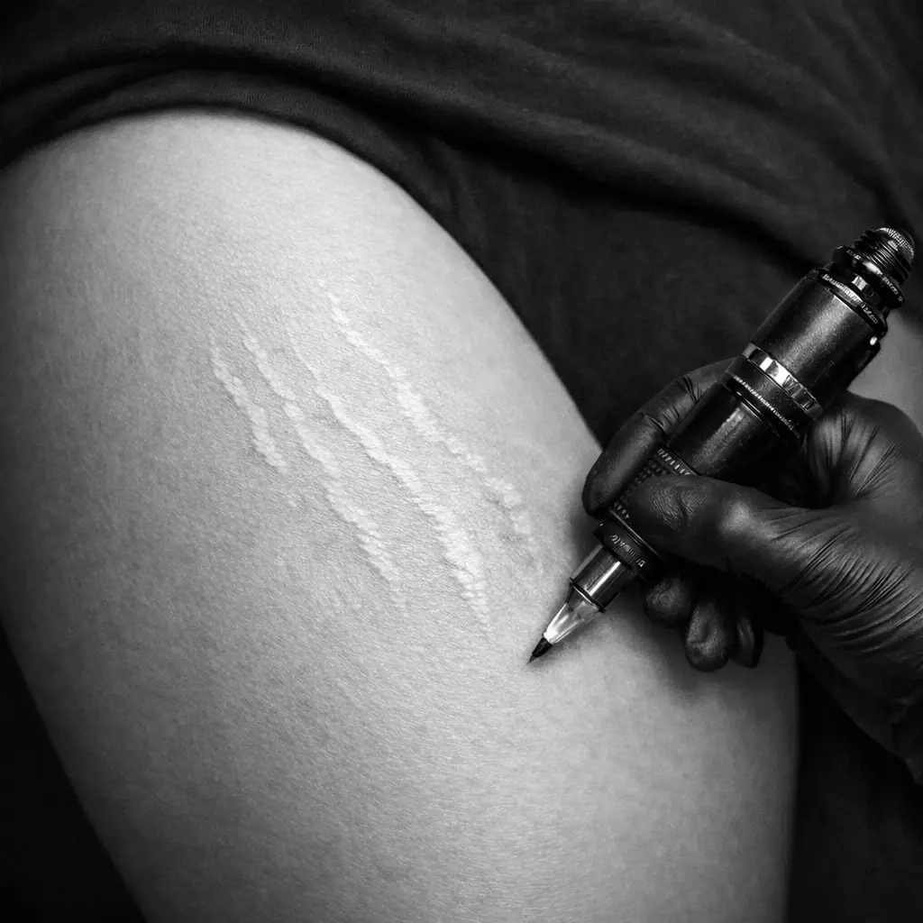 Nano pigmentation sur cuisse avec vergetures, réalisée à l’aide d’une machine de tatouage, en noir et blanc, pour harmoniser la couleur de la peau.