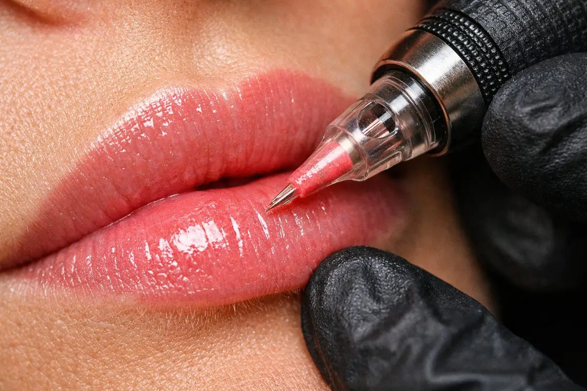 Gros plan candy lips à Toulon – dermographe et aiguille sur les lèvres pendant une séance de maquillage permanent chez Kanea