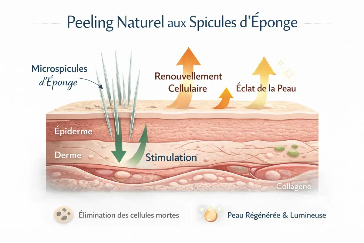 Schema en coupe de la peau avec spicules de l'eponge marine, peeling naturel au salon Kanea Toulon