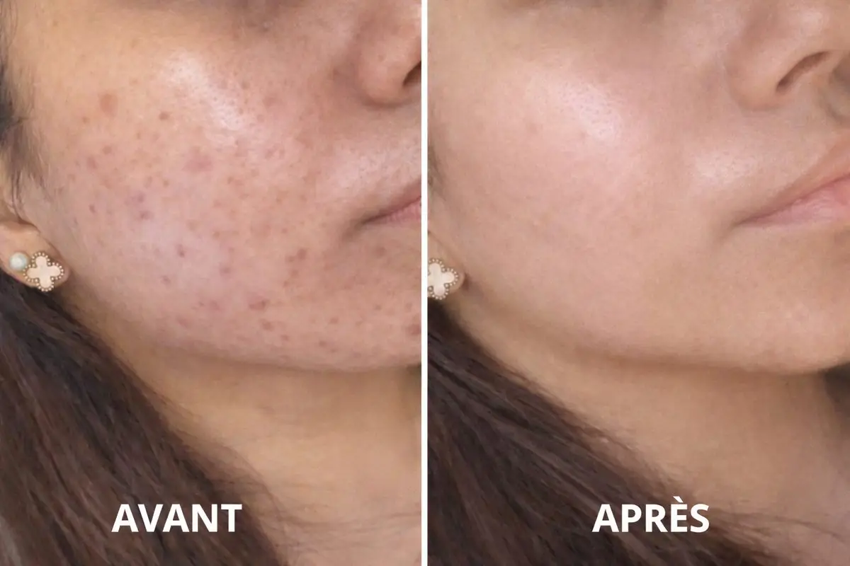 Avant après peeling visage à Toulon – résultat après 2 séances sur taches et acné chez Kanea