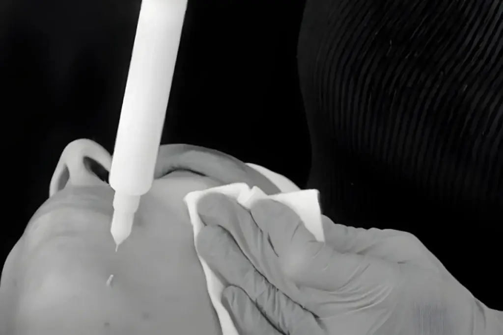 Stylo plasma froid en cours d'utilisation pour soin visage anti-rides au salon à Toulon Var