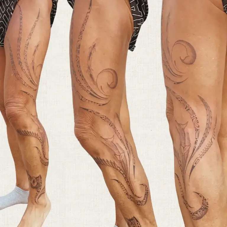 Tatouage polynésien en ligne fine sur toute la jambe, avec de petits poissons et un hameçon, vu sous trois angles, Kanea Toulon