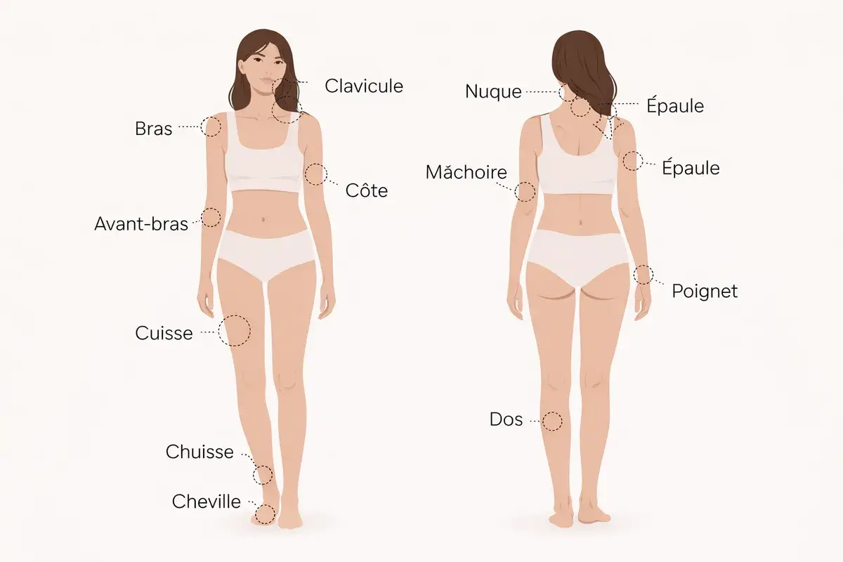 Schema emplacement et zones du corps pour un premier tatouage, salon Kanea Toulon