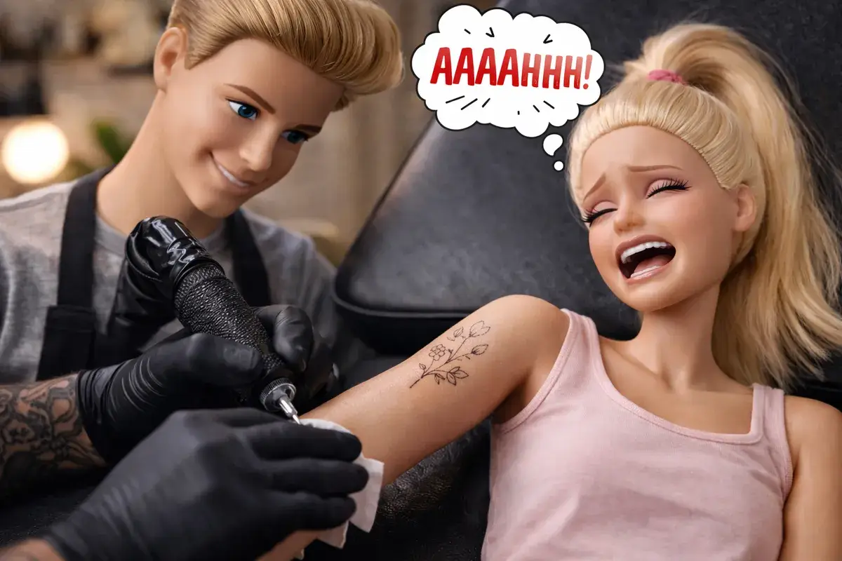 Illustration humour premier tatouage Barbie et Ken, salon Kanea Toulon