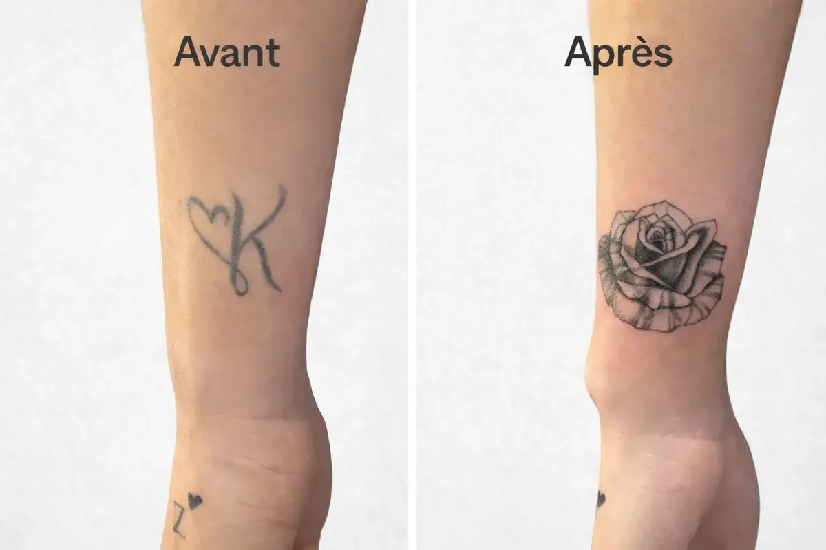 Recouvrement de tatouage lettre par une rose floral, cover-up salon Kanea Toulon