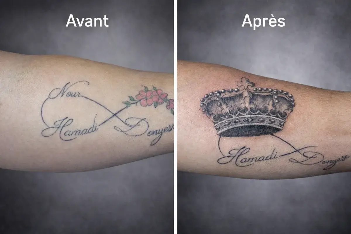 Recouvrement de tatouage prenom et infini par une couronne de fleurs, salon Kanea Toulon