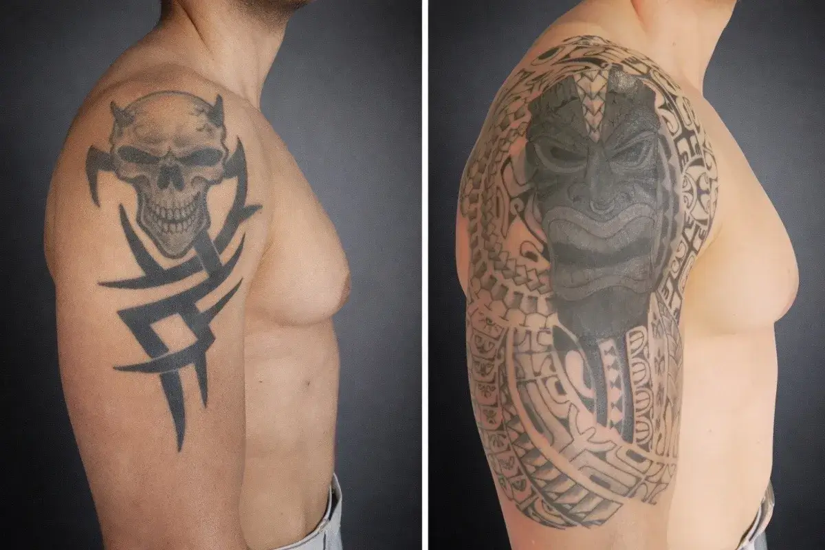 Recouvrement de tatouage tribal par un tiki polynesien, salon Kanea Toulon