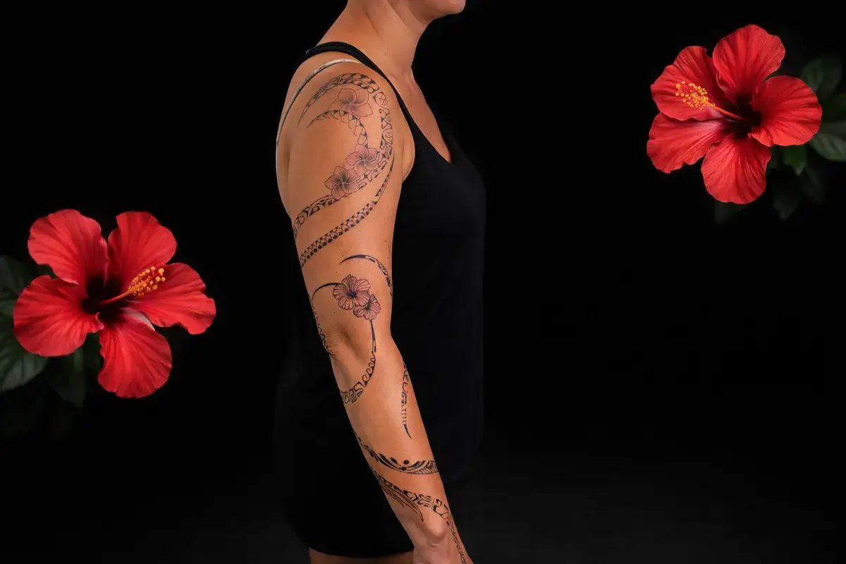 Tatouage polynesien femme sur bras entier avec hibiscus et fleur de tiare, salon Kanea Toulon