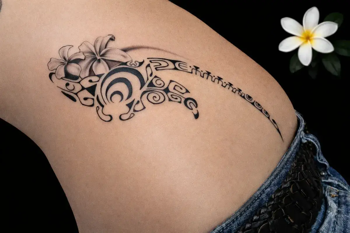 Tatouage polynesien femme sur hanche avec raie (manta) et fleur de tiare, salon Kanea Toulon
