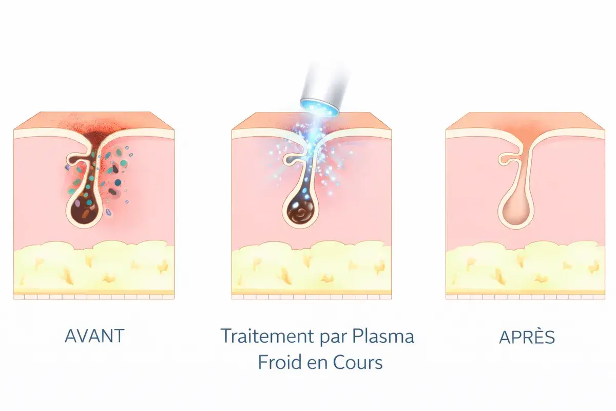 Schema en coupe des pores de la peau avant, pendant et apres traitement plasma froid acne au salon Kanea Toulon