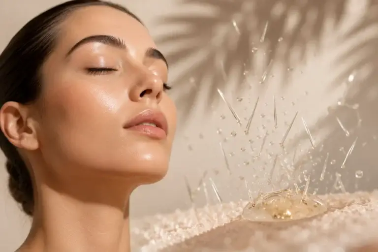 Femme au teint lumineux entourée de spicules d'éponge marine pour peeling naturel à Toulon Kanea