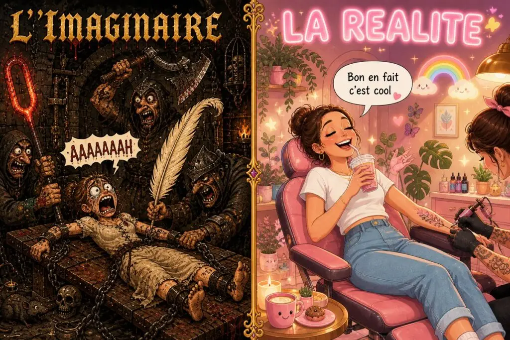 Comparaison humoristique entre la torture imaginée et la réalité d'un tatouage au salon Kanea à Toulon