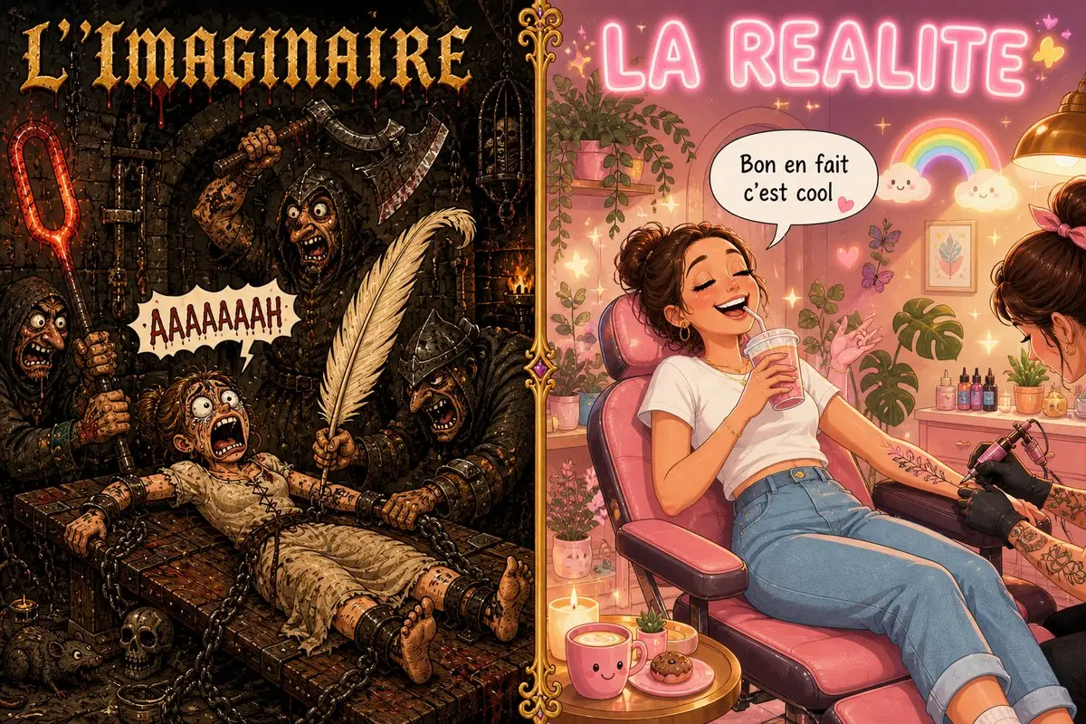 Comparaison humoristique entre la torture imaginee et la realite d'un tatouage au salon Kanea a Toulon