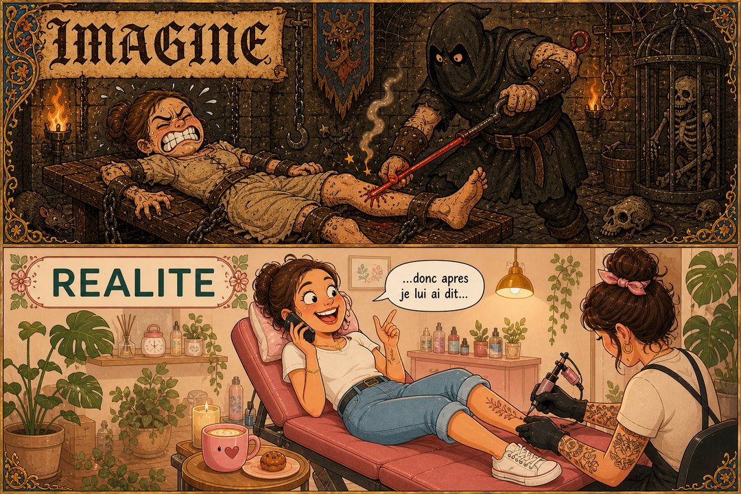 Difference entre la torture medievale imaginee et la realite d'une seance de tatouage relax au salon Kanea a Toulon