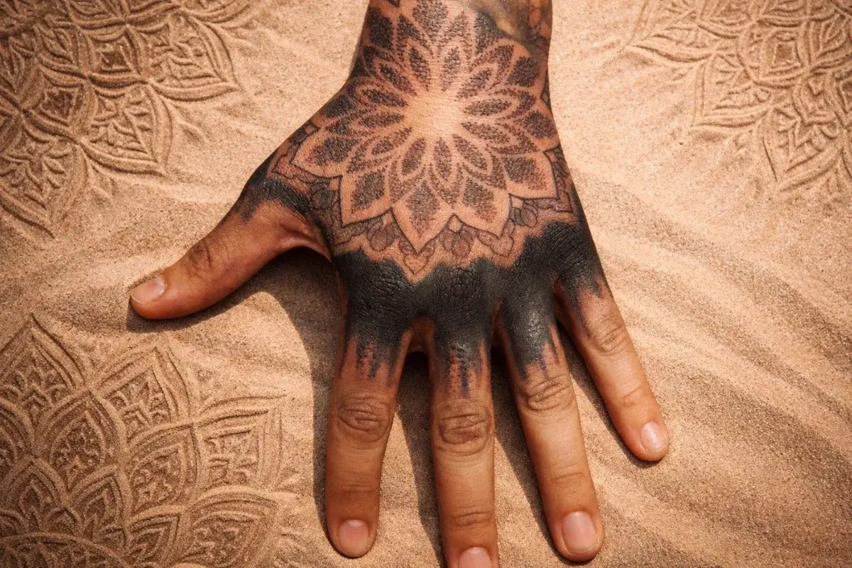 Détail tatouage mandala dotwork sur la main à Toulon chez Kanea Tattoo