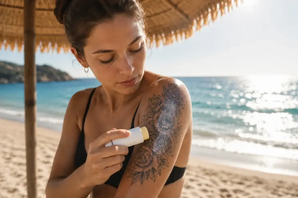 Femme tatouée à la plage applique de la crème solaire SPF 50 sur tatouage floral d'épaule à Toulon Kanea