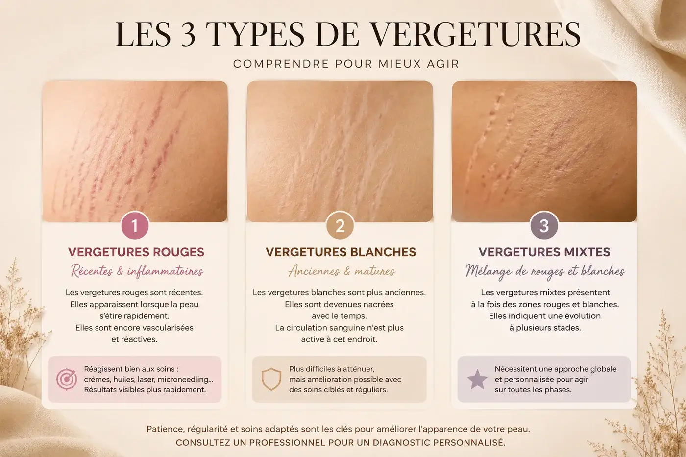 Infographie des 3 types de vergetures rouges blanches et mixtes pour comprendre comment les traiter à Toulon Kanea