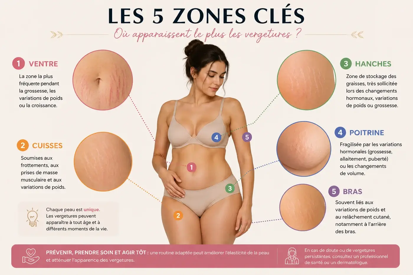 Infographie des 5 zones clés où apparaissent le plus les vergetures sur le corps féminin à Toulon Kanea