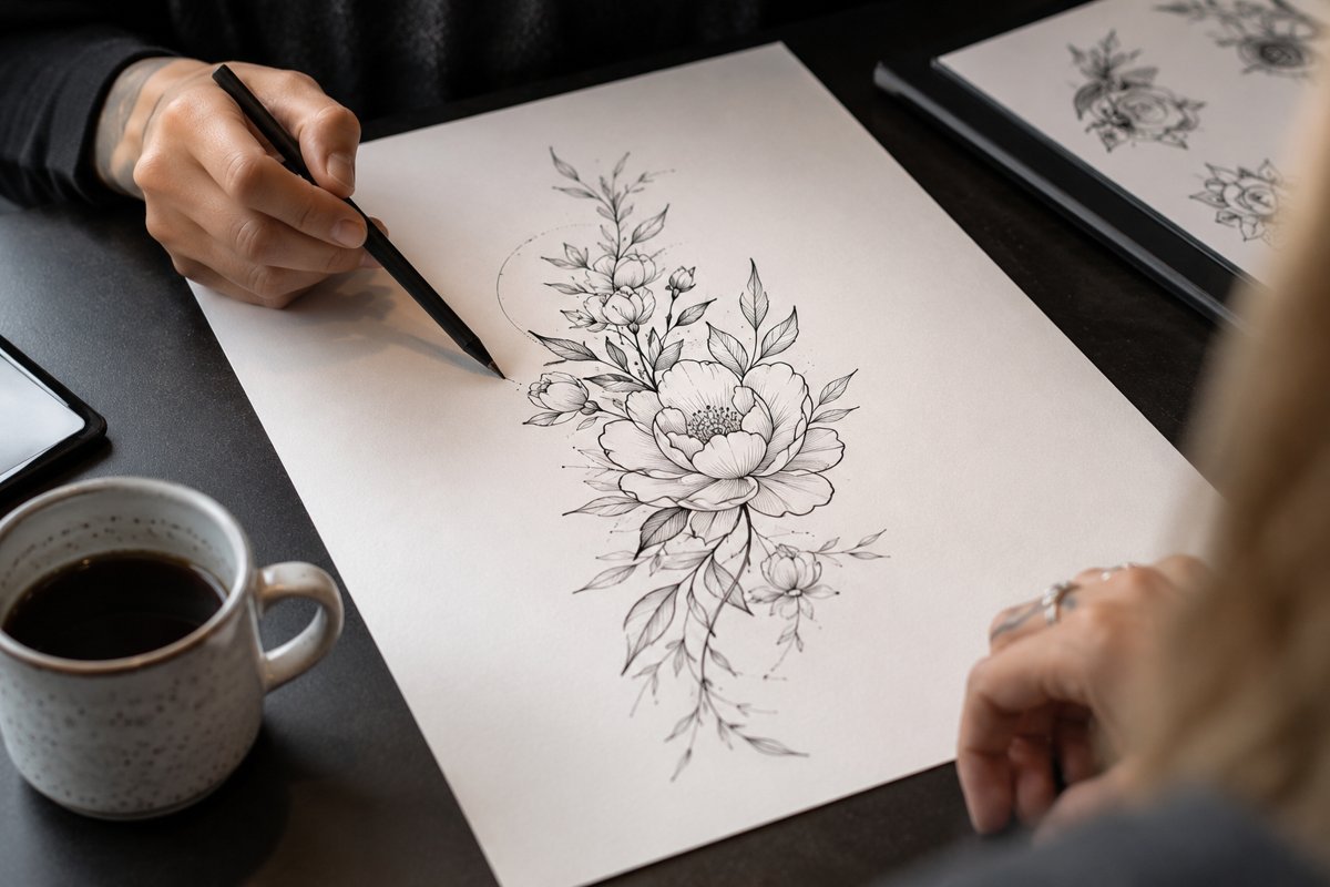 Karine dessine le motif de tatouage avec sa cliente en consultation à Toulon