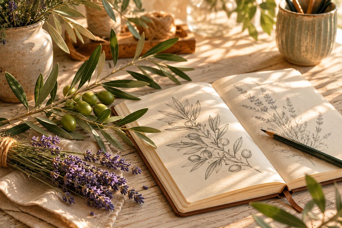 Carnet de croquis ouvert avec dessins au crayon d'une branche d'olivier et d'une tige de lavande, branche d'olivier et bouquet de lavande posés à côté, préparation d'un motif de tatouage par Karine à Toulon