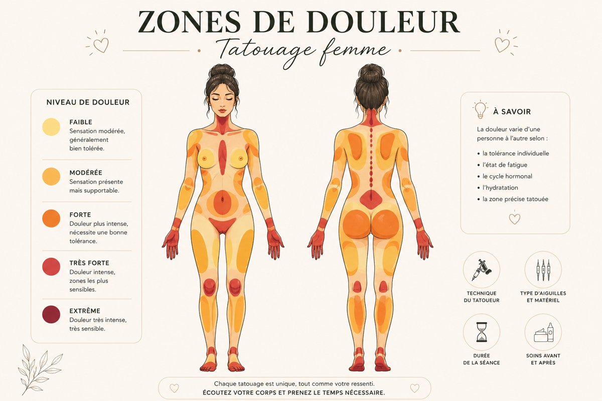 Schéma des zones de douleur pour un tatouage chez la femme