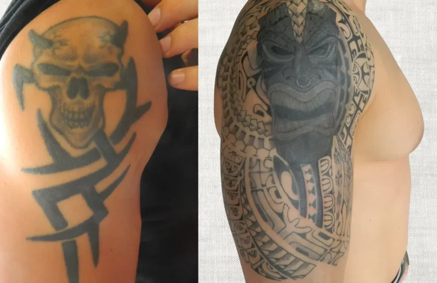 Avant après d'un cover-up tatouage polynésien sur bras, recouvrement d'un ancien tatouage tribal au salon Kanea à Toulon