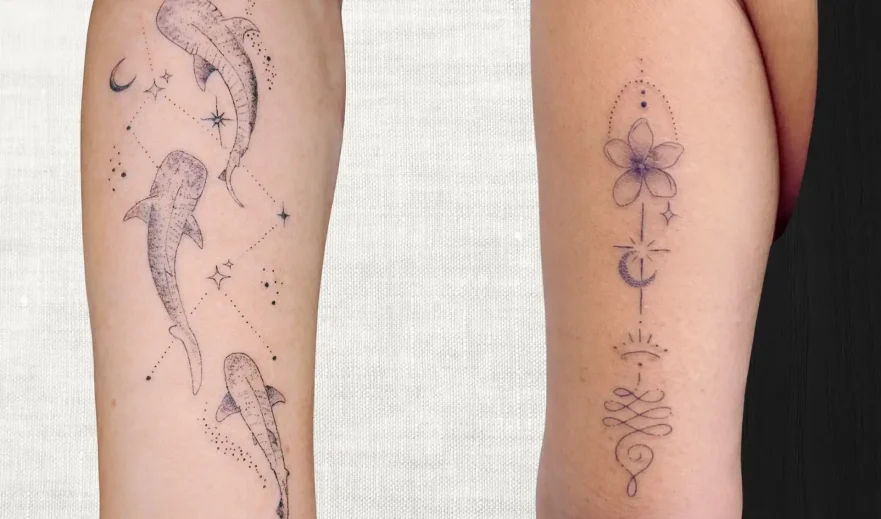 Tatouage en ligne fine sur les bras : composition sur-mesure avec poissons, étoiles, fleur unalome, réalisé au salon Kanea à Toulon