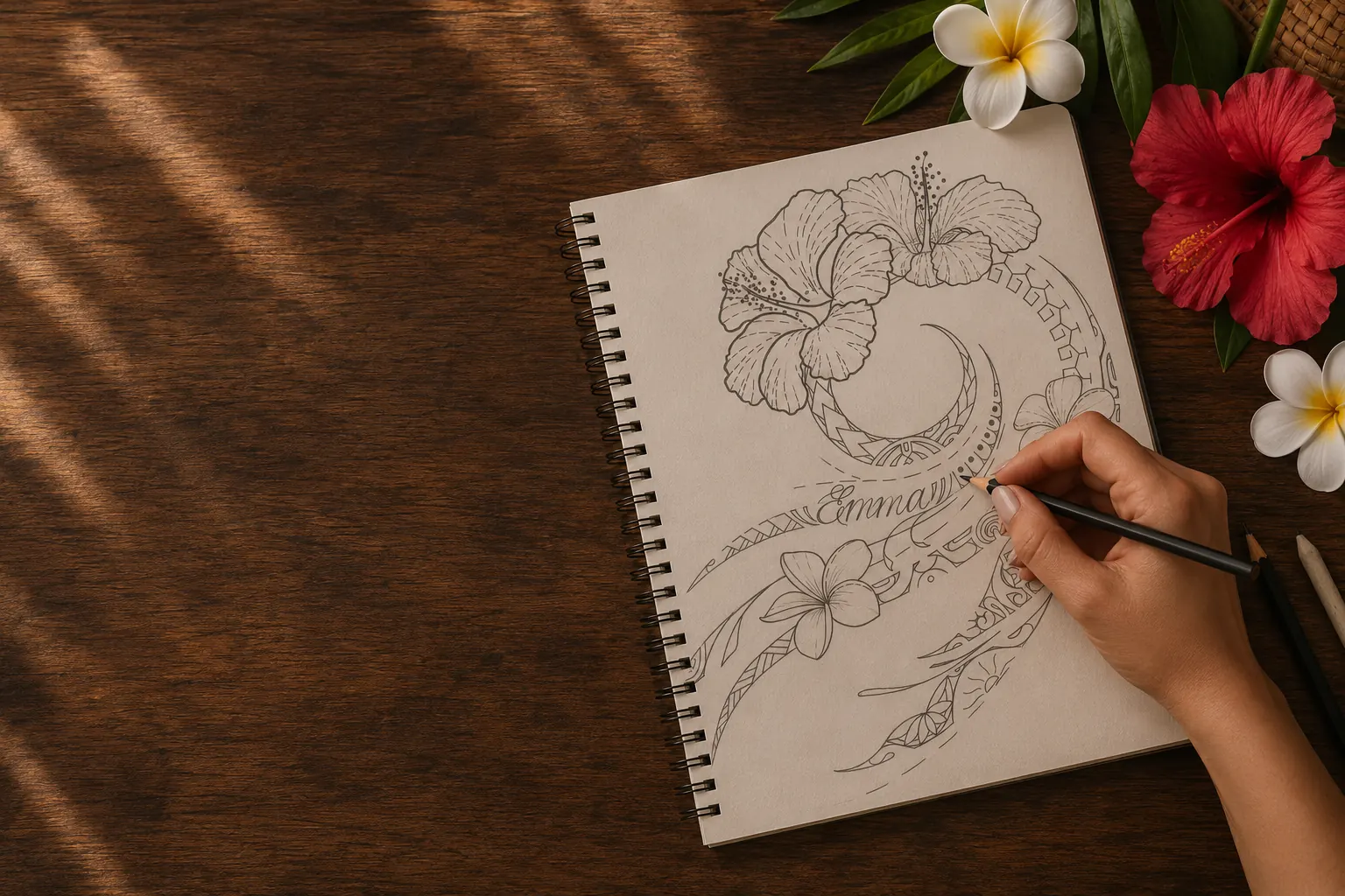 Croquis d'un tatouage polynésien hibiscus dessiné à la main, fleurs de tiaré et hibiscus — blog Kanea, Toulon