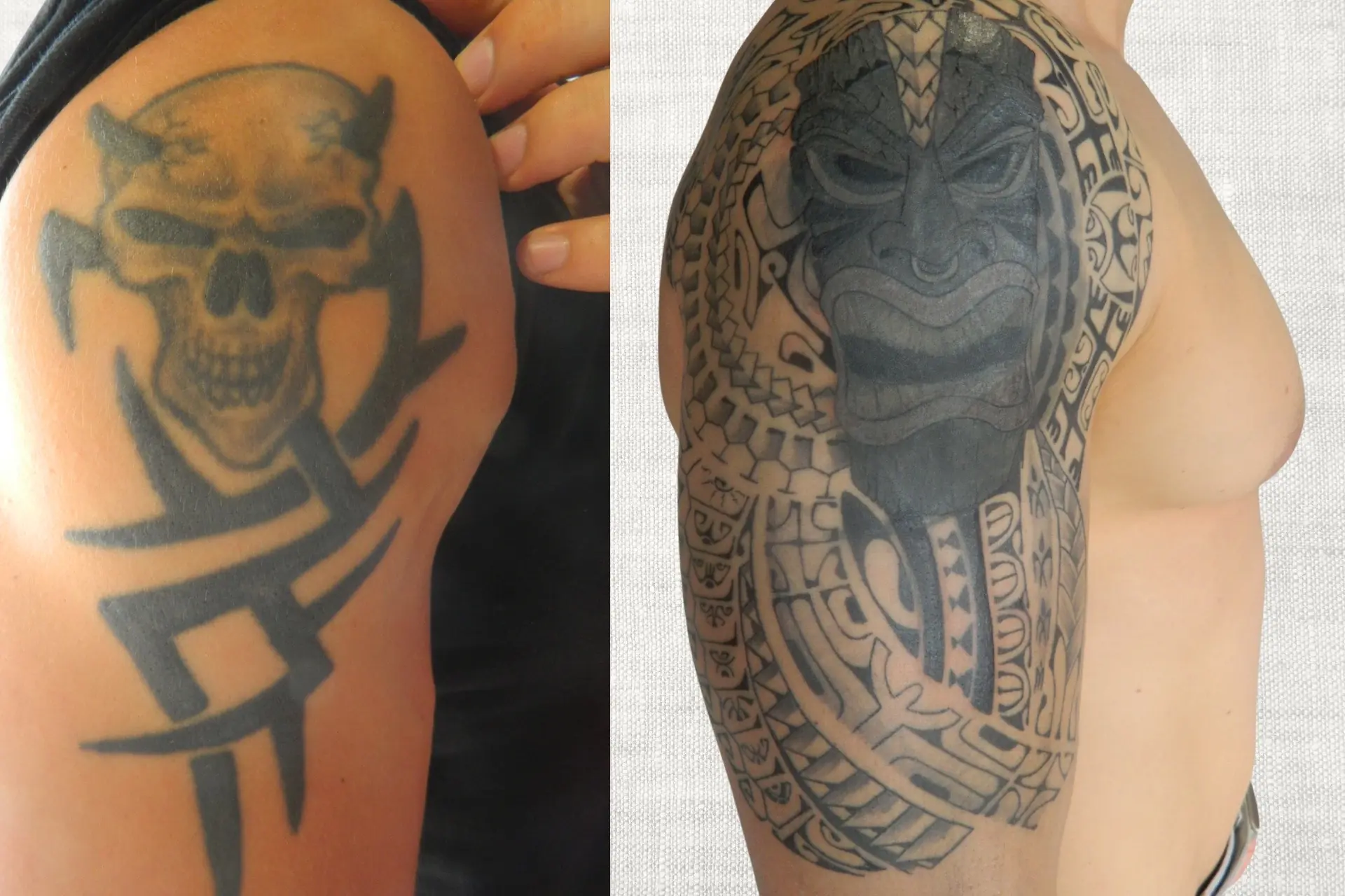 Recouvrement de tatouage polynésien, avant après, Toulon — Kanea