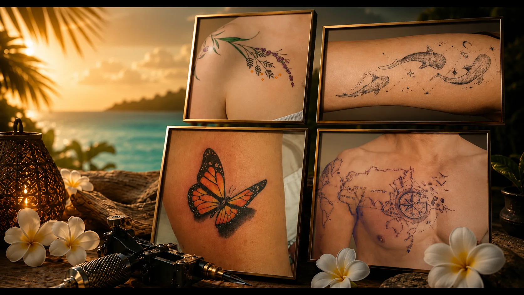 Tatouages de Kanea encadrés sur fond de lagon — polynésien, floral, ligne fine, carte du monde, Toulon