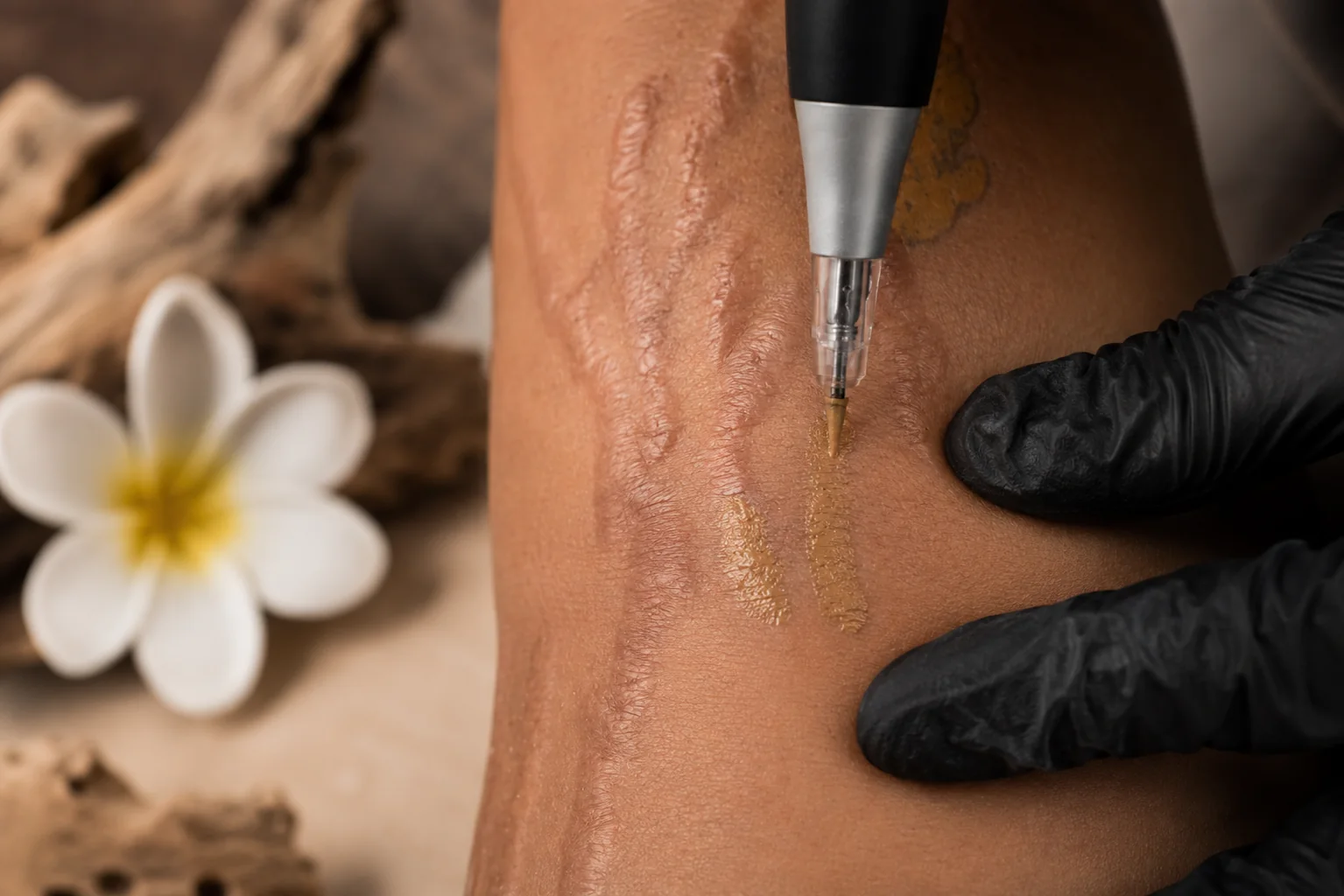 Nanopigmentation en cours : dépôt de pigment sur une cicatrice à Toulon — Kanea