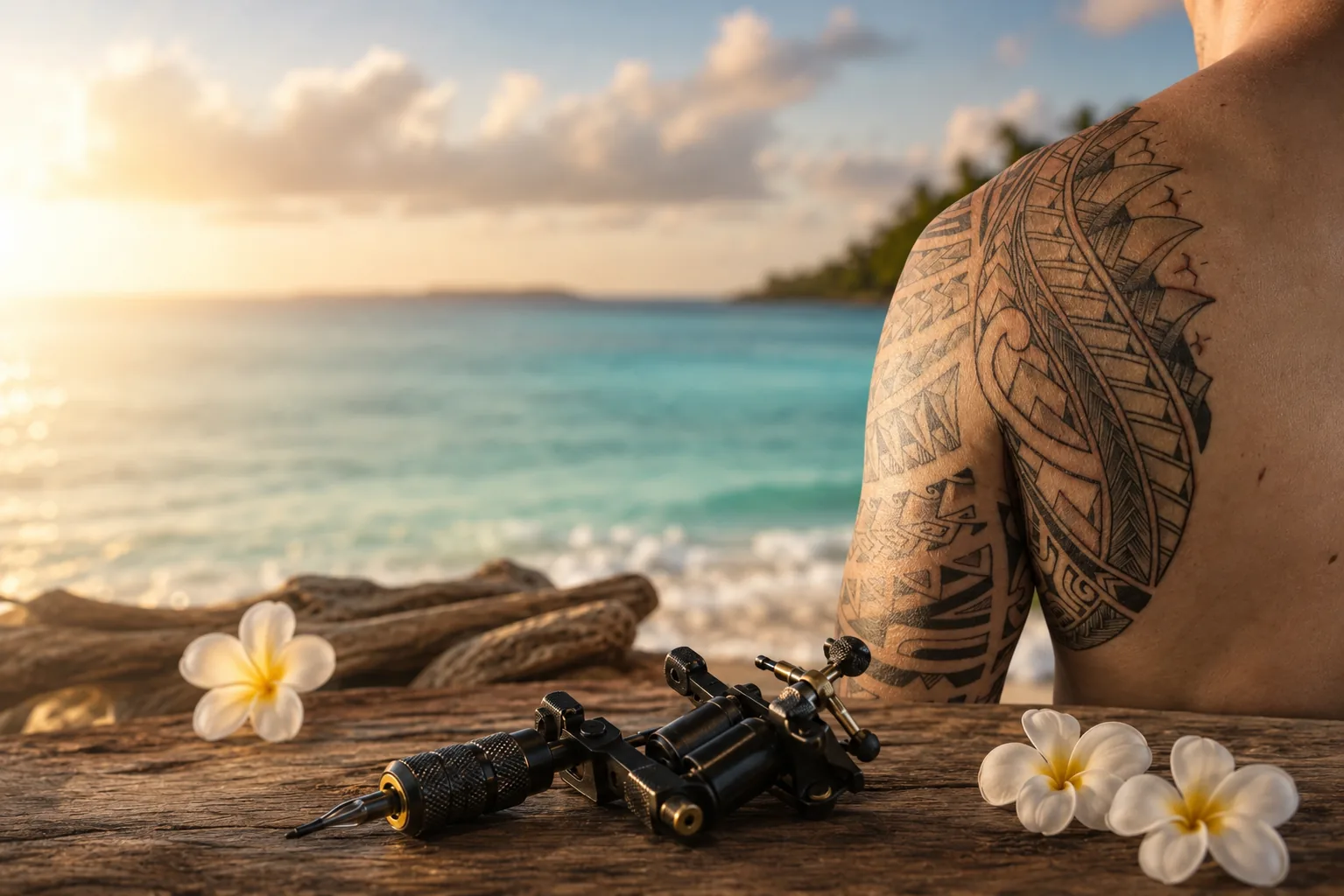 Tatouage polynésien sur l'épaule au bord d'un lagon turquoise au coucher du soleil — Kanea Tattoo, Toulon