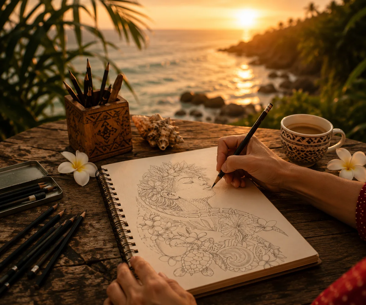 Croquis d'un tatouage polynésien sur mesure dessiné à la main, face au lagon — Kanea, Toulon